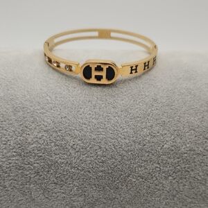 18K Gold Plated Stainless Steel Black Enamel H Bangle  Waterproof  Tarnish Proof